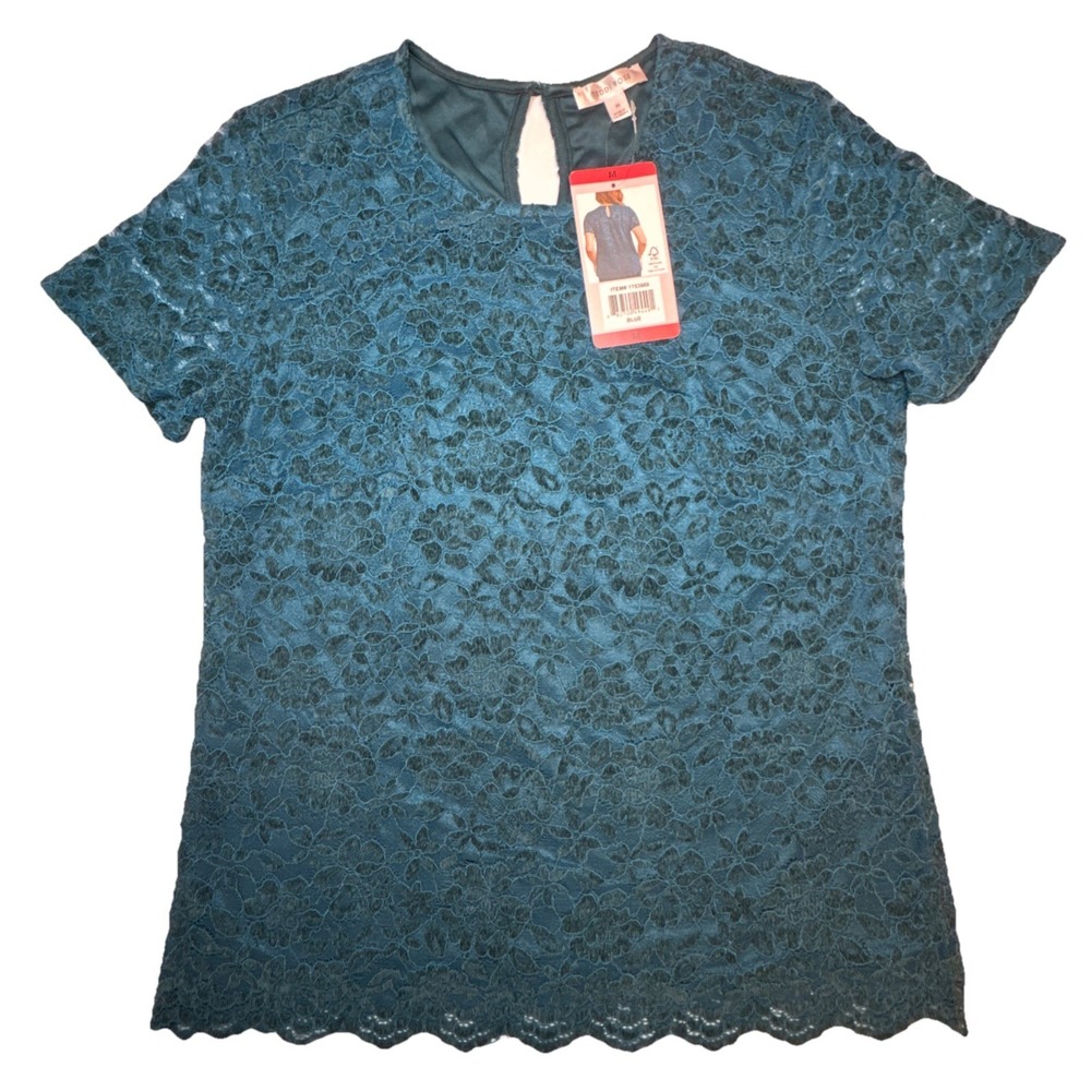 Lace Top Teddi Rose Floral Scalloped Keyhole Short Sleeve Teal Blue Medium